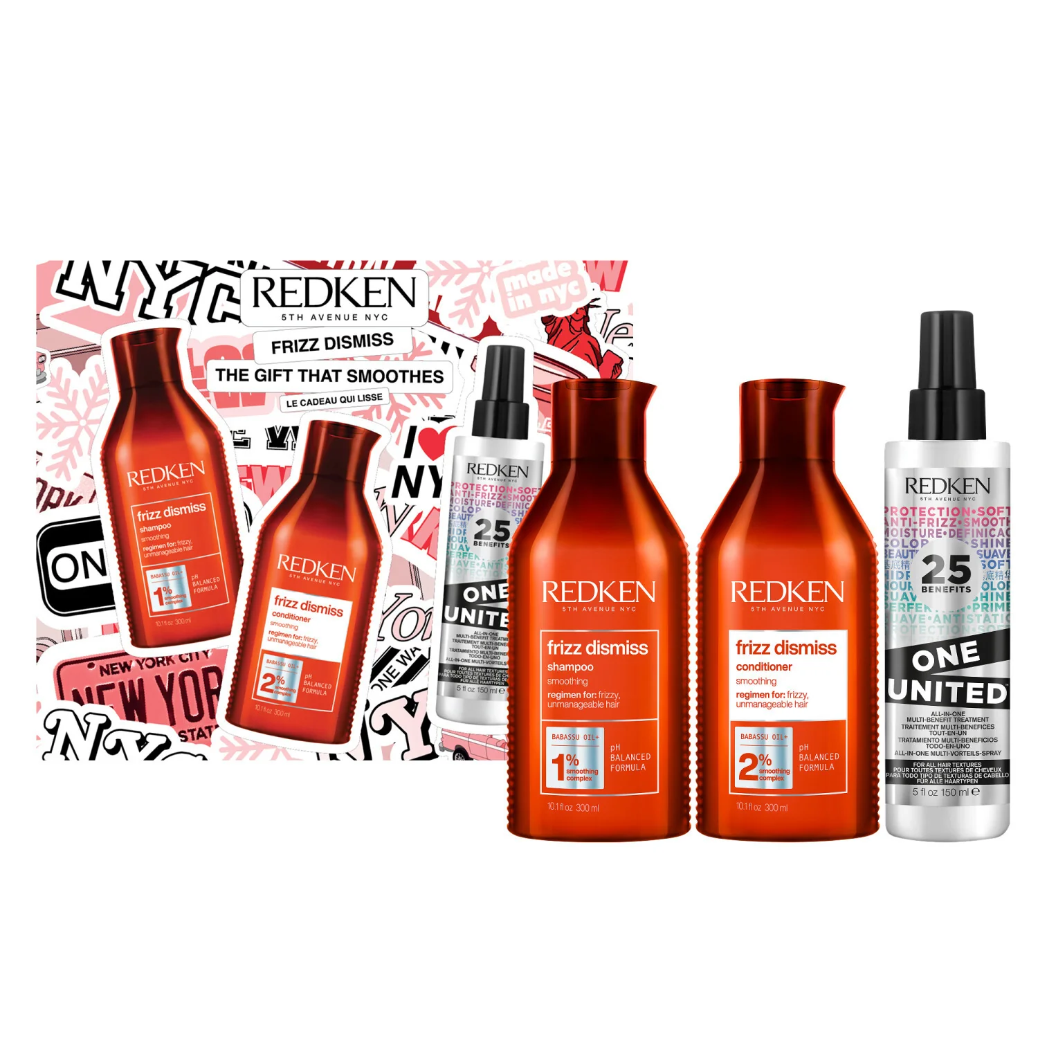 Frizz Dismiss Cofanetto Natale Shampoo, Conditioner & One United per capelli crespi - Cofanetti per Capelli, Shampoo Anticrespo, Balsamo Disciplinante/Anticrespo Capelli