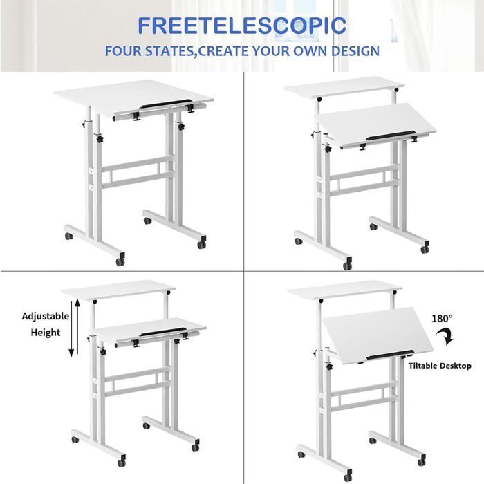 Compact and ergonomic computer desk, adjustable height (70-110 cm), tilting top with casters, for bedroom or living room, black