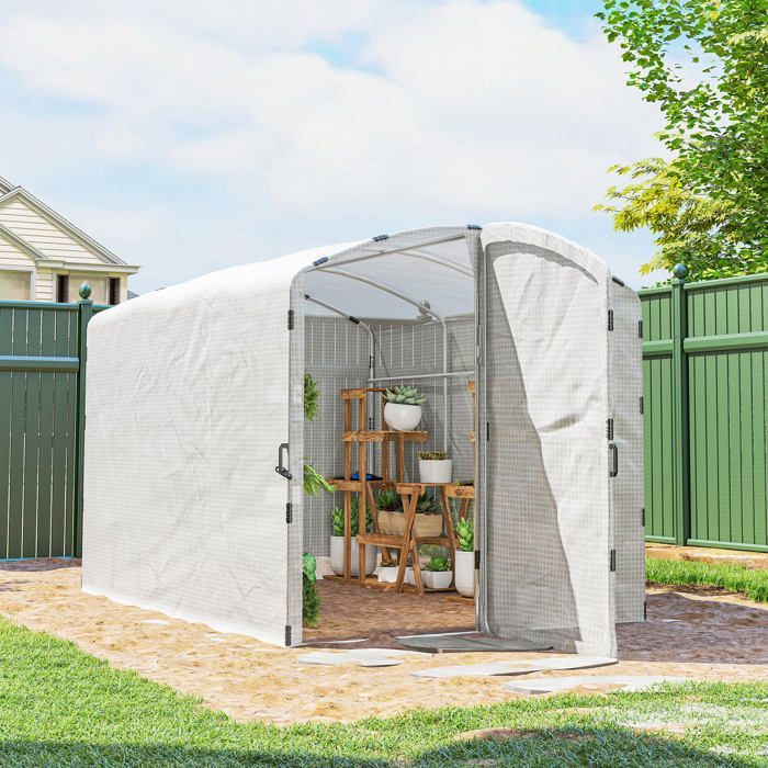 Serre tunnel de jardin - Outsunny - 6 m² - bâche PE 220g/m² - bords prolongés 50 cm - avec porte - 300x200x195cm - blanc