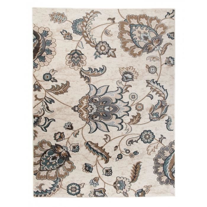 TAPISO Dubai Tapis Salon Chambre Contemporain Floral Crème Marron Bleu Fin 120 x 170 cm