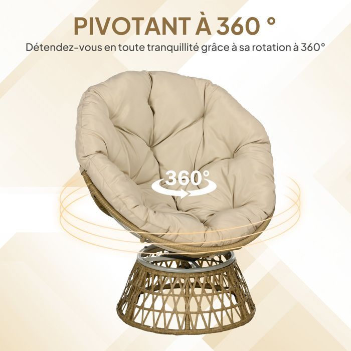 Papasanstoel - Outsunny - PE-rotan vlechtwerk - 360° draaibaar - gewatteerd kussen - 85 x 70 x 82 cm - kaki