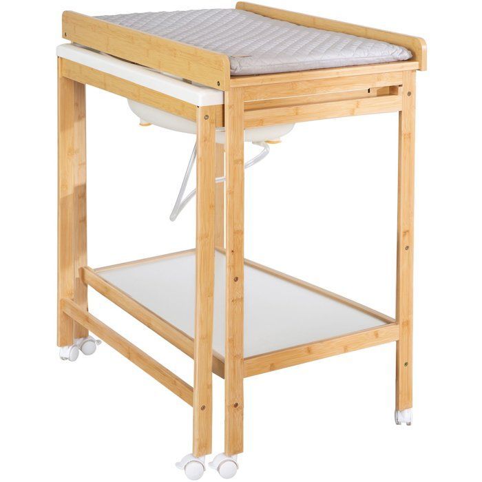 Table à langer avec baignoire coulissante - ROBA - Inclus matelas déperlant Roba style Gris - Tablette de rangement - Bambou naturel