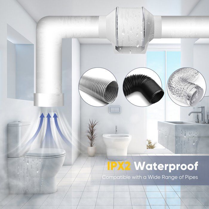 Ventilador de duto de 4 polegadas, 310 m³/h, velocidade variável, baixo ruído de 30 dB, IPX2 para ventilação de banheiro e cozinha.