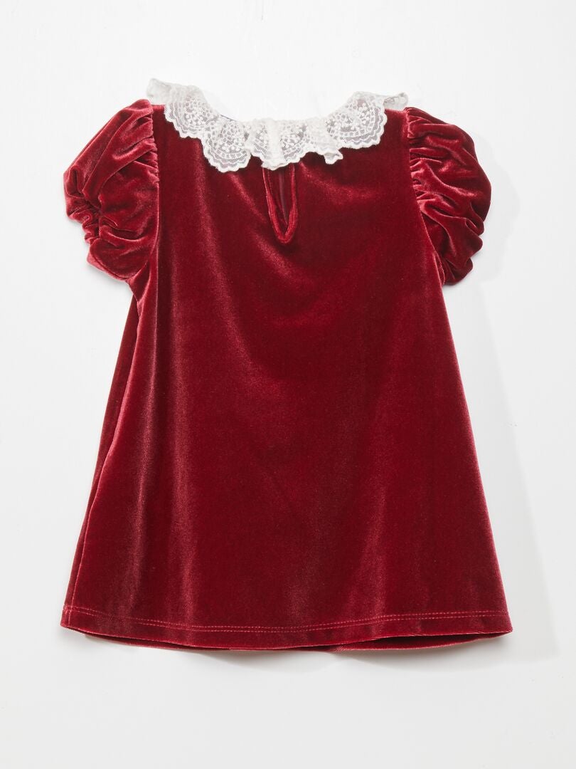 Vestido de veludo com gola de tule bordada - VERMELHO