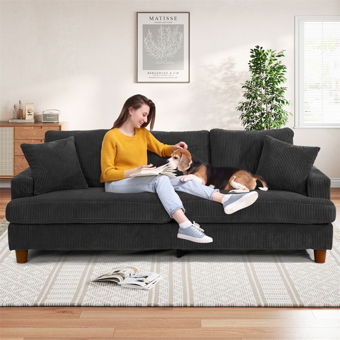 Sofá grande de 3 plazas en pana negra, estilo escandinavo, con 3 cojines y 2 almohadas para salón, 220 × 76 × 84 cm.