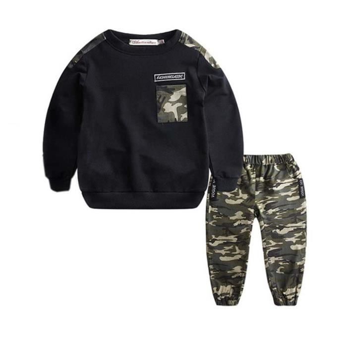 Kinder-Jungen-Trainingsanzug mit Buchstaben-Camouflage-Muster, 2-teiliges Set aus Oberteil und Hose