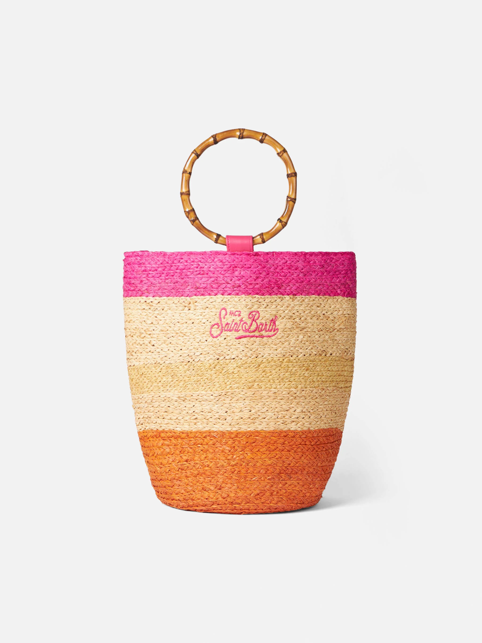 Veelkleurige raffia emmertas met bamboe handvatten