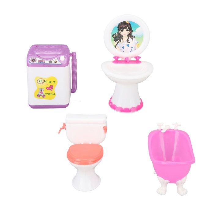 Dollhouse bathroom set, miniature toilet simulation, sink, bathtub, mirror, washing machine.