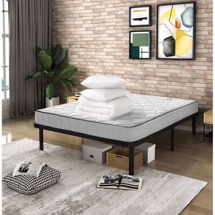 Paquete de colchón + base de cama + edredón + 2 almohadas
