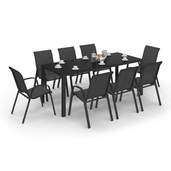 Set di mobili da giardino IDMARKET MADRID: tavolo da 190 cm e 8 sedie impilabili nere.