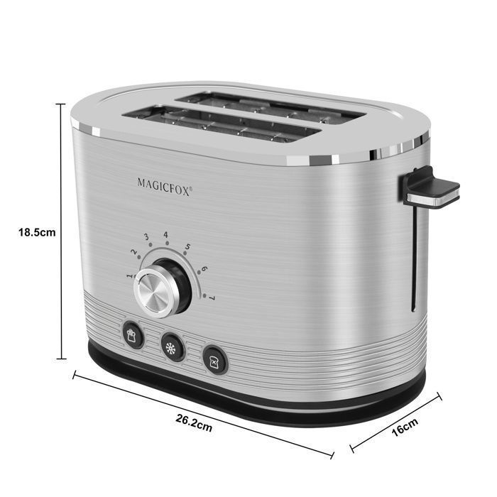 Tostadora MAGICFOX de 2 rebanadas, 850 W, descongelación, recalentamiento, expulsión automática, carcasa de acero inoxidable y luz LED en la base.