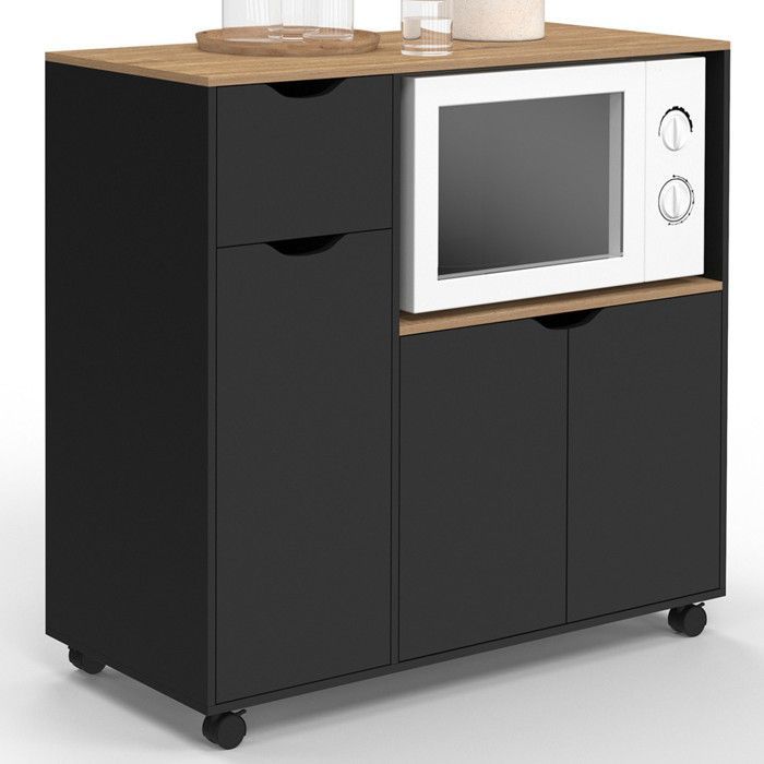 Carrinho de cozinha IDMARKET COSI XXL para micro-ondas com armários, gaveta em madeira preta e prateleiras com efeito de faia, 90 cm de largura.