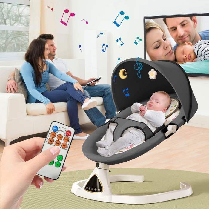Babyschommel voor 0-12 maanden, babybouncer met een maximaal draagvermogen van 15 kg, Bluetooth-connectiviteit, 5 schommelsnelheden, 3-standen timer en speelboog.