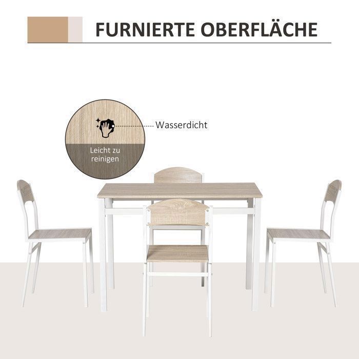 Plaque épaissieCatering Group Set de 5 tables de salle à manger en MDF grainé bois et métal blanc cassé, 1 table et 4 chaises pour