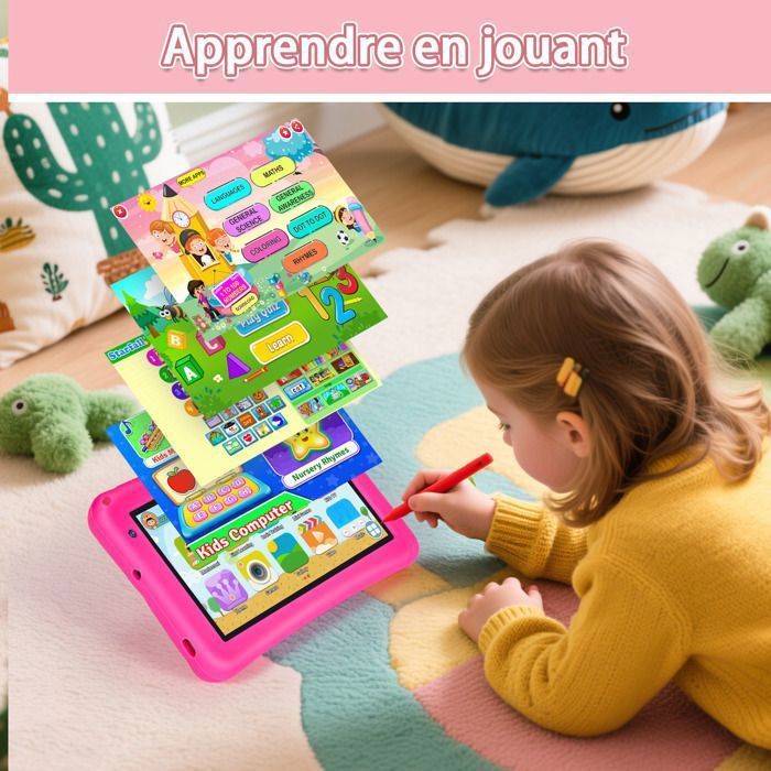 Tablette Enfants 7 Pouces,Android 13,8GB RAM 64GB ROM,Octa-Core,5800mAH,Contrôle Parental,avec Kid-Proof Étui-Rosa