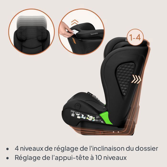 Silla de coche LIONELO Neal i-Size 100-150cm - ISOFIX - Portavasos - Asiento ancho - Reclinable - Grupo 2/3 - Negra
