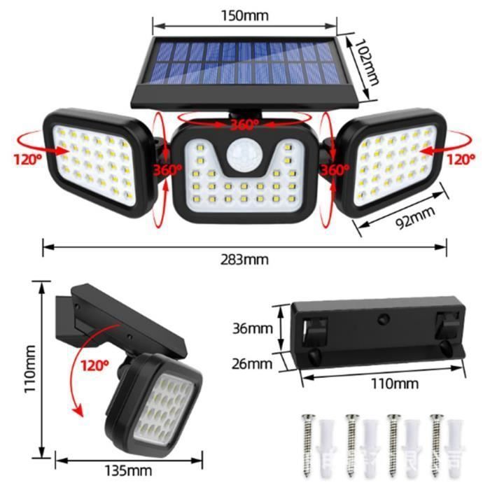 Applique murale, éclairage extérieur solaire avec détecteur de mouvement, projecteur extérieur LED 74LED lumière extérieure