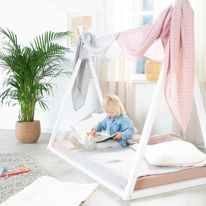 Cama tipi ROBA de 70 x 140 cm para niños - Bambú certificado FSC - Cama india para niños y niñas - Madera lacada en blanco