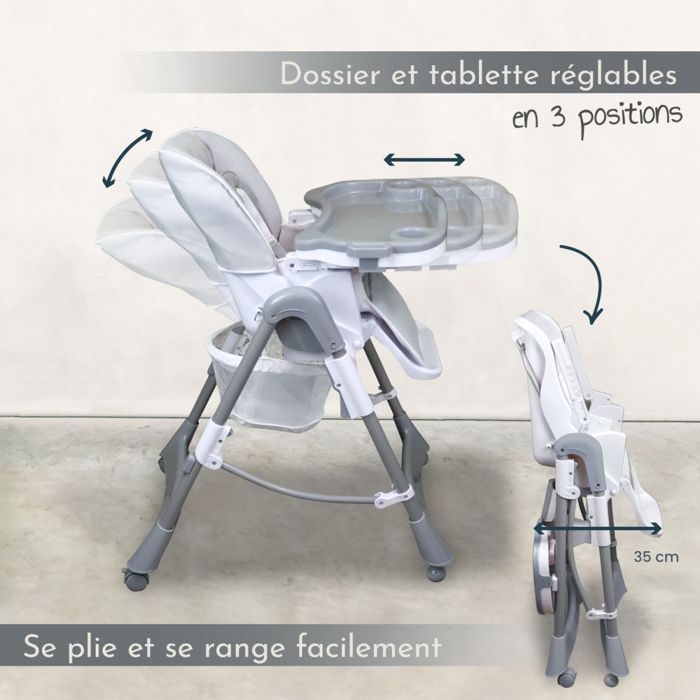 In hoogte verstelbare, opklapbare kinderstoel met rugleuning en dienblad - Ptit - Perle - Monsieur Bébé