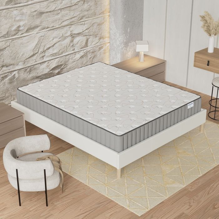 Colchón + Base de cama (180 x 200 cm) - Colchón de espuma viscoelástica Orionis de 22 cm + Base de cama de madera estable, Funda de tela blanca