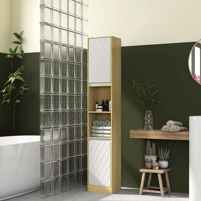 Badkamerkast met kolom - HOMCOM - gezellige stijl - 2 deuren, 2 planken - 30 x 24 x 170 cm - licht wit eikenhout