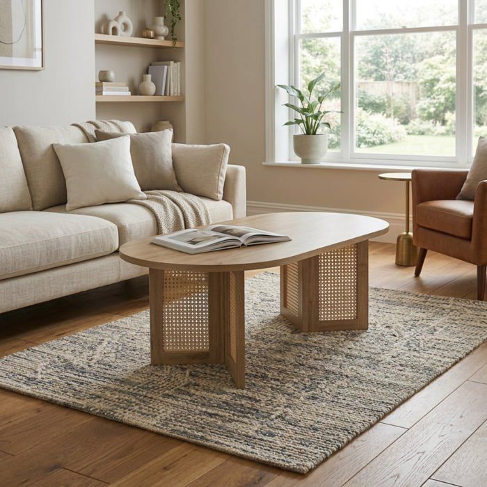 CALICOSY - Table basse ovale avec piètements rotin L120 cm - TALIA - Bois clair