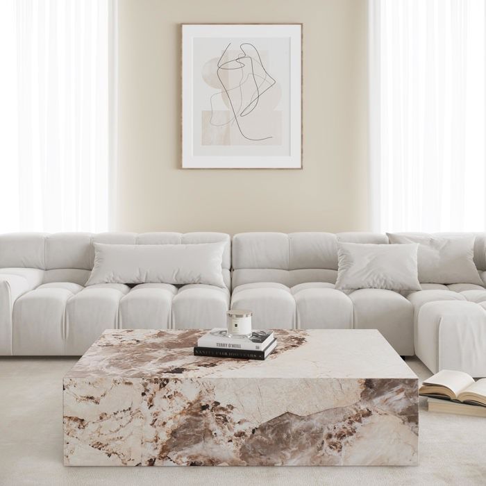 ISBEL - Mesa de centro rectangular en mármol sintético beige y marrón.