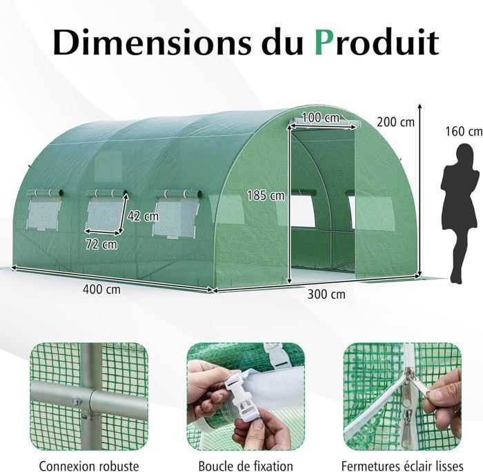 COSTWAY 12m² Tunnel Greenhouse (3 x 4 x 2 m) in PE with a sturdy galvanized steel frame, double-sided zip closure, UV-resistant, and waterproof.
