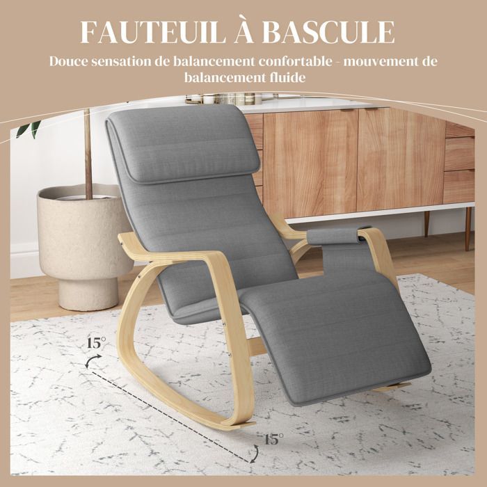 Sillón reclinable mecedor/silla de lactancia con reposapiés ajustable, bolsillo lateral y reposacabezas, color gris.
