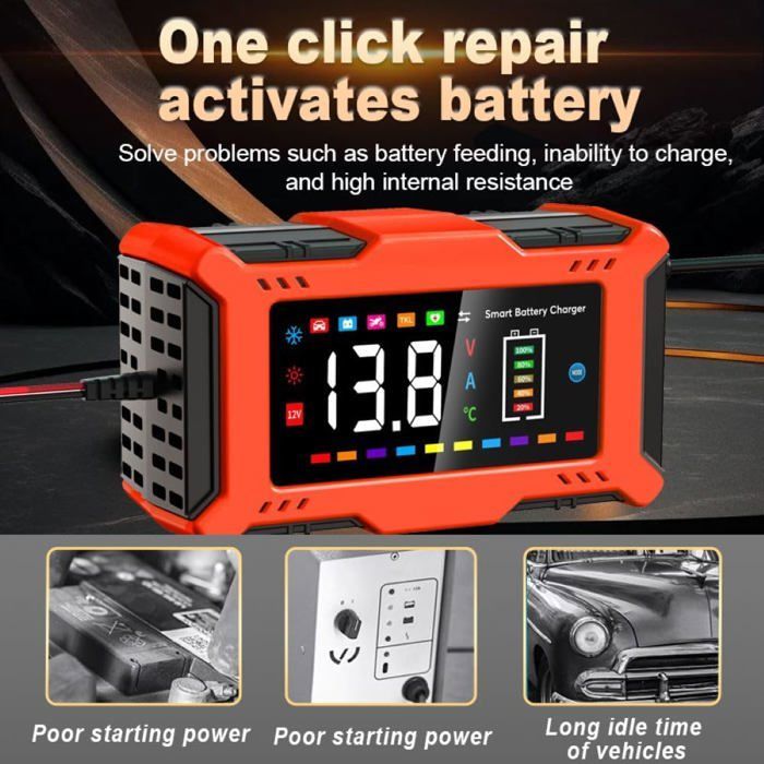 Cargador de baterías inteligente de 12 V y 6 A – Arranque, mantenimiento y reparación de baterías de plomo-ácido y litio, color rosa.