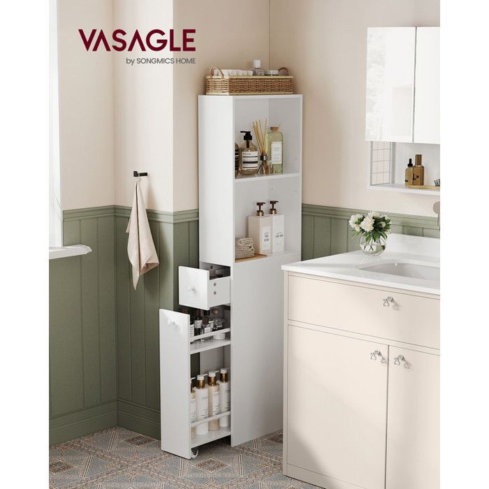 VASAGLE Hoge Badkamerkast, Slanke Opbergunit, Kolom met Laden en Verstelbare Plank, Kast, Dressoir, Wit