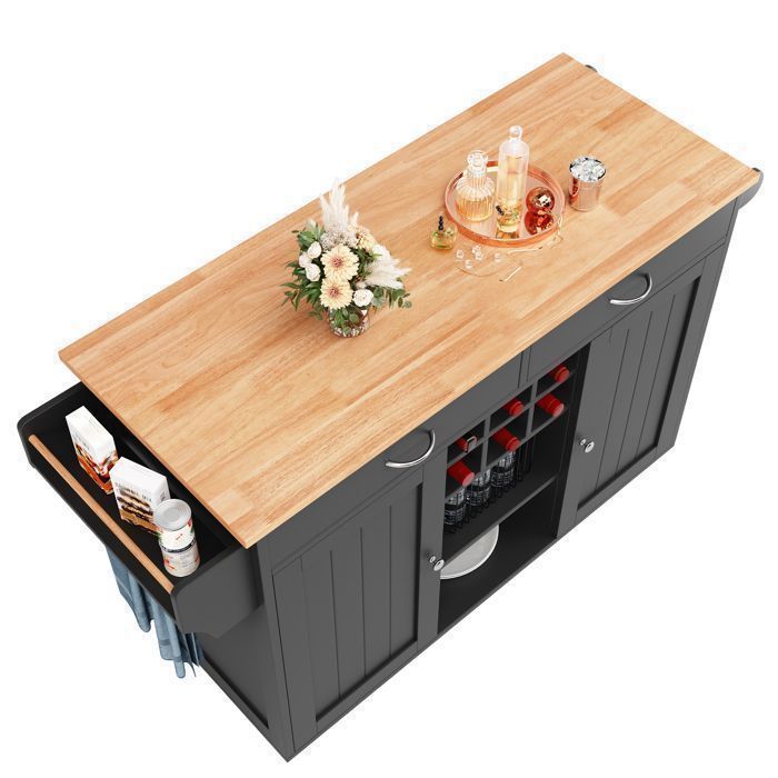 Carrito de cocina - Aparador con ruedas - Botellero + Estantes ajustables + Espacio de almacenamiento lateral - Negro