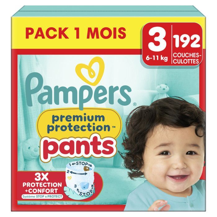 Pampers Premium Protection Pants, Taille 3, 192 couches-culottes