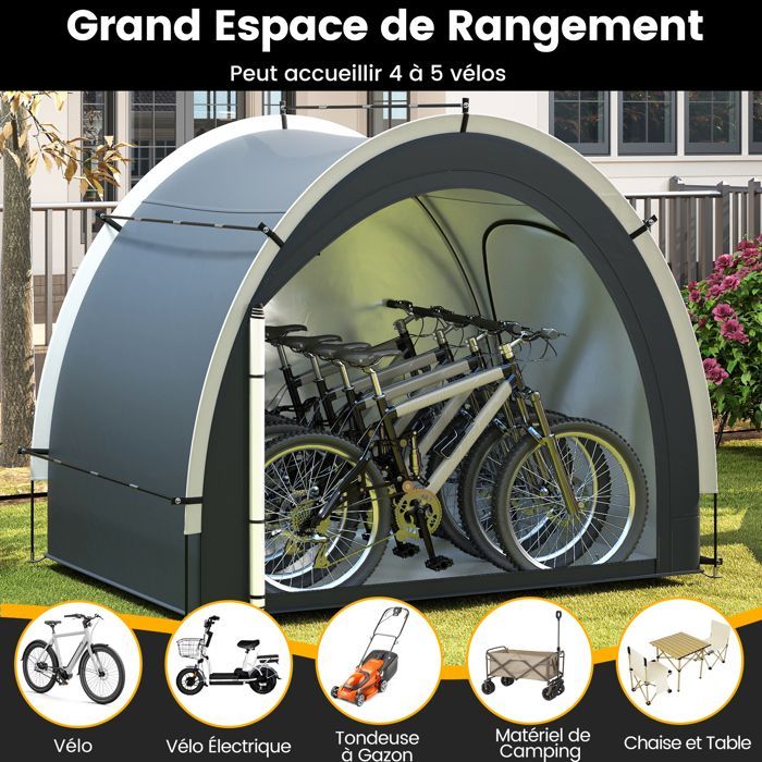 Tente de Rangement Vélos pour 4-5 Vélos 218x153x182cm COSTWAY-Tissu Étanche-Porte Zippée et Entrée Latérale-Poteaux Fibre de Verre