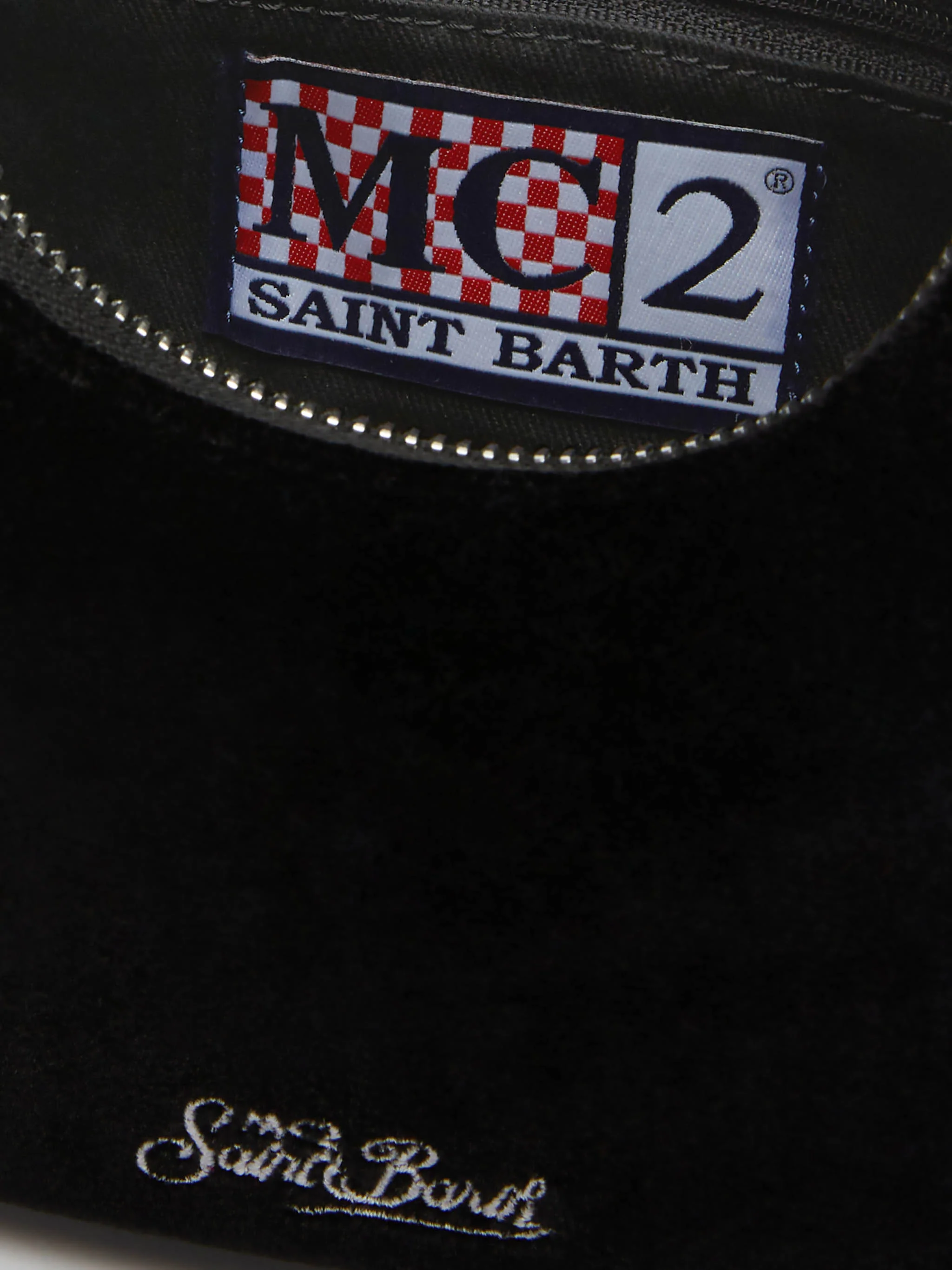 Tallulah zwarte fluwelen baguette tas met strass handvat en afneembare kettingriem | MC2 Saint Barth