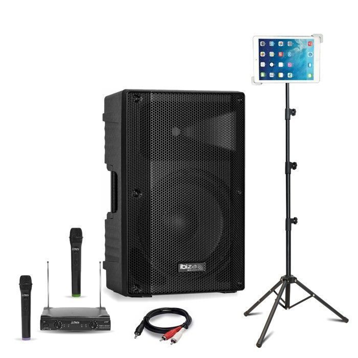 Ibiza XTK15A-MKII 600W Active Bluetooth USB Karaoke Speaker Pack - 2 Wireless Microphones - SMM20 Tablet Holder - Wedding Party Sound System