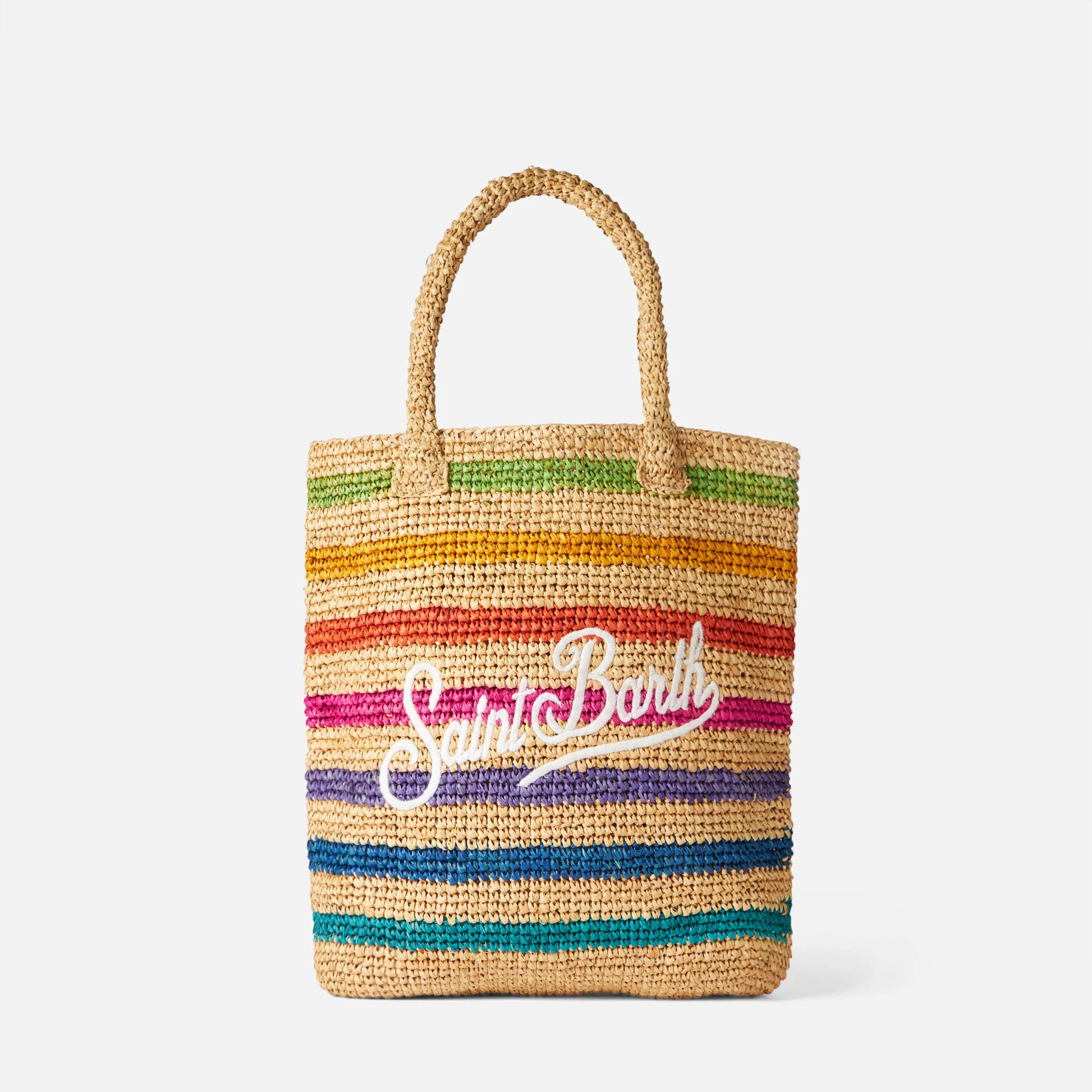 Raffia bucket bag med flerfärgade ränder och broderi