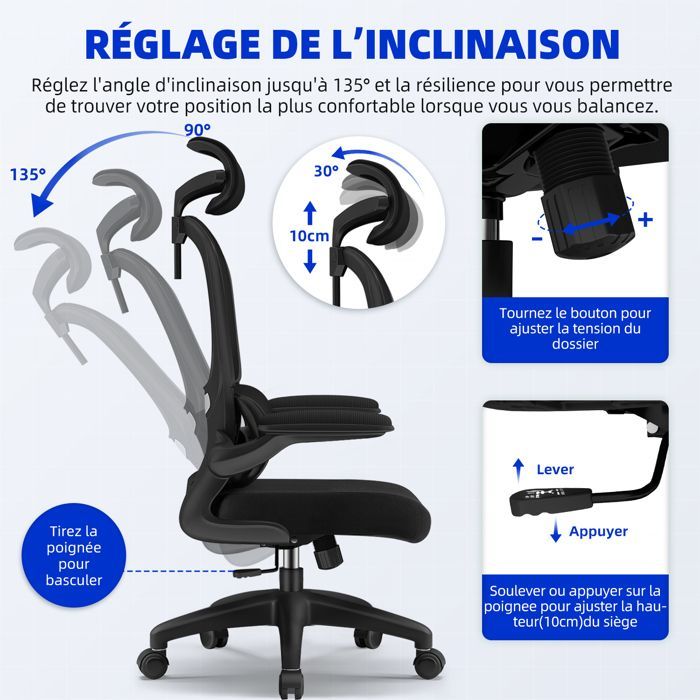 Ergonomic Office Chair, Office Chair, Tiltable and Swivel, Adjustable Armrests, Lumbar Support, Headrest