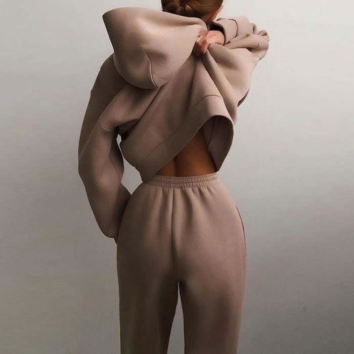Women's Tracksuit Set: Pants + Chic Hooded Crop Top, Long Sleeve Tracksuit, Women's Sport Jogging Fitness Tracksuit, Khaki