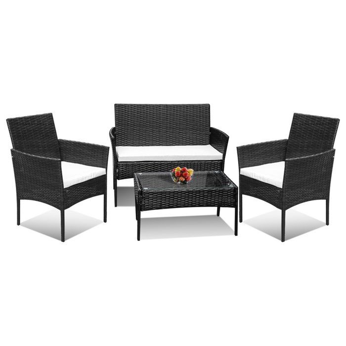 Set di mobili da giardino Riossad composto da 4 pezzi: 2 poltrone, 1 divano a due posti e 1 tavolo, colore nero, set da salotto basso da giardino.