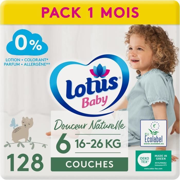 Lotus Baby Douceur Naturelle - Couches Taille 6 16-26 kg Pack 1 mois - 128 couches