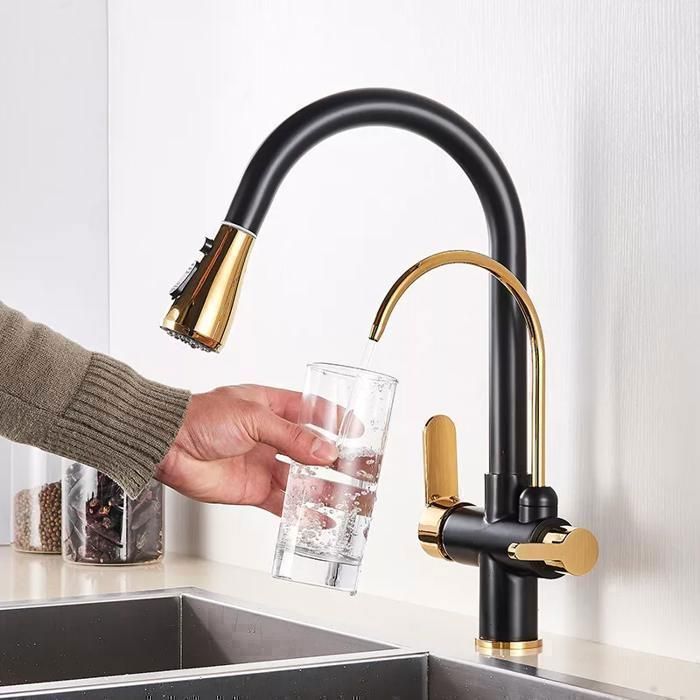 JUNSOTTOR Kitchen Faucet - 360° Swivel - Pull-Out Spray Head - Mixer Tap - Single Lever for Hot and Cold Water - Black