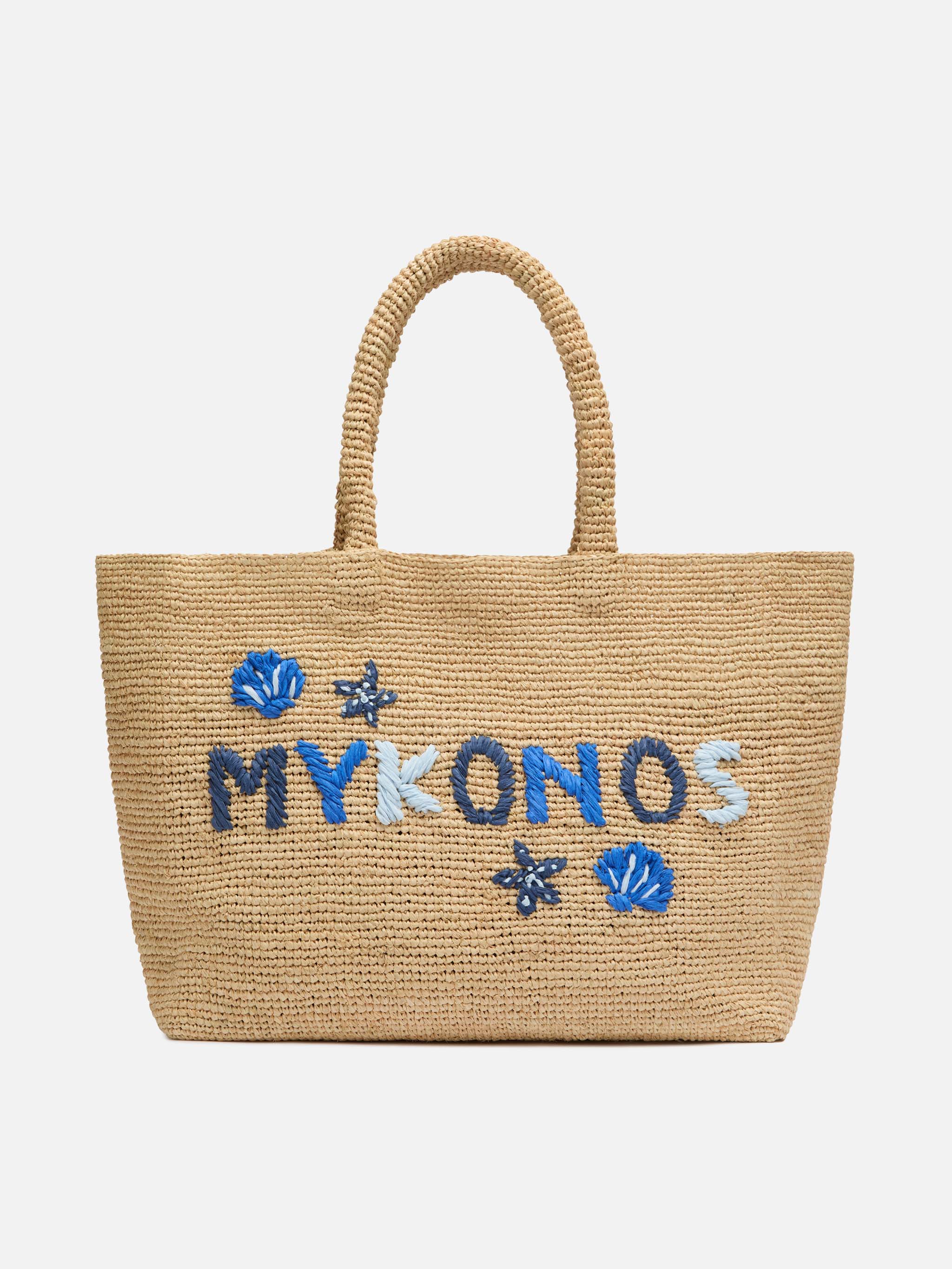 Beige raffia strandtas met katoenen binnenvak en Mykonos-borduurwerk.