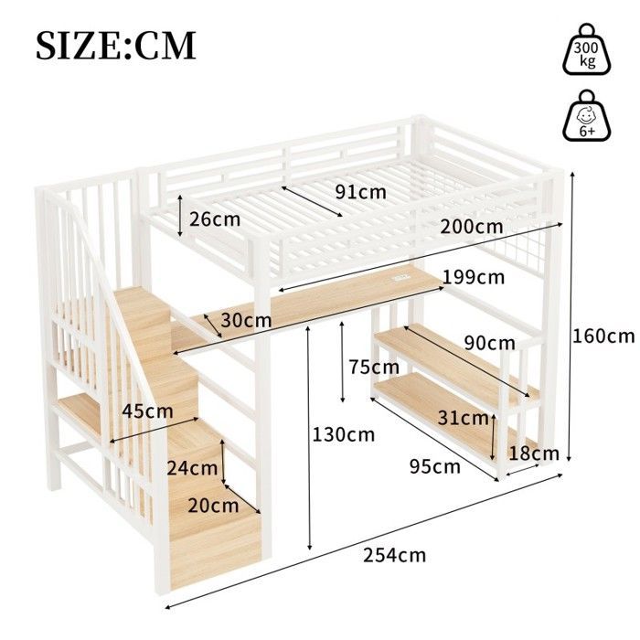 Lit mezzanine - LANGTU - 90x200 - Bureau intégré - LED réglable - Rangement escalier, USB/Type-C