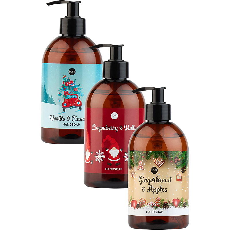 Zachte kerstzeep 400 ml met cranberry en hulst.