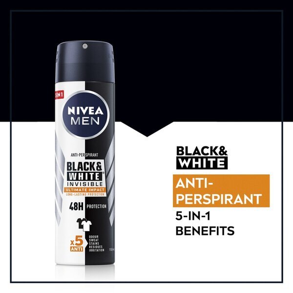 NIVEA Men Black & White Invisible Ultimate Impact antiperspirants aerosols vīriešiem, 150 ml
