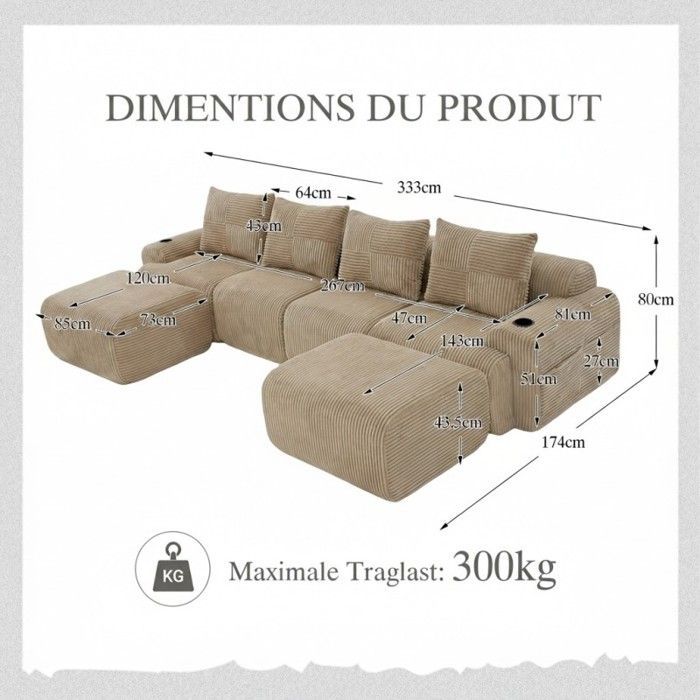Modulaire bank - LANGTU - 4-zits corduroy, kaki - 333x174x80 cm - Bekerhouder & opbergvak - 2 voetenbankjes