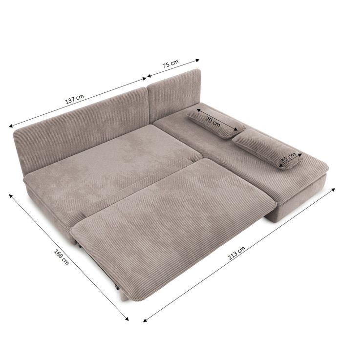Sofá esquinero convertible y reversible NOMA de 4 plazas en pana color topo.