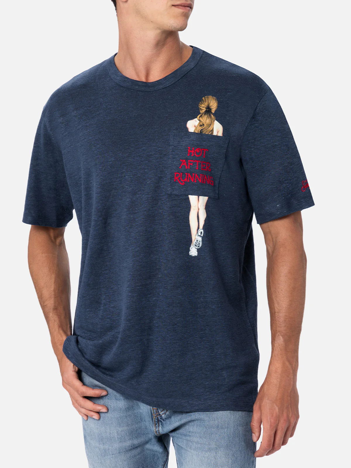 Ecstasea heren T-shirt van linnenjersey met bedrukte en geborduurde zak.