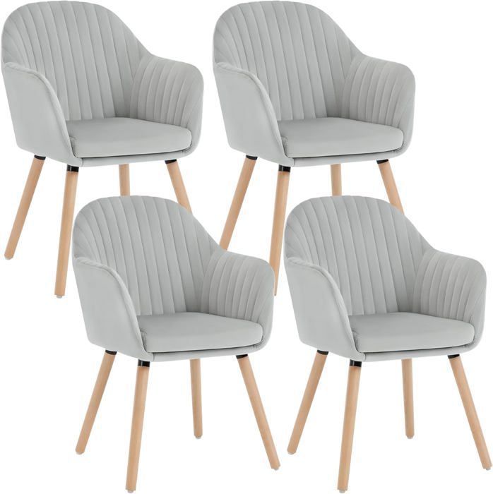 WOLTU 4 sillas de comedor de terciopelo, sillas para cocina, sala de estar, cafetería, patas de madera maciza, gris claro W0ATT0148-4